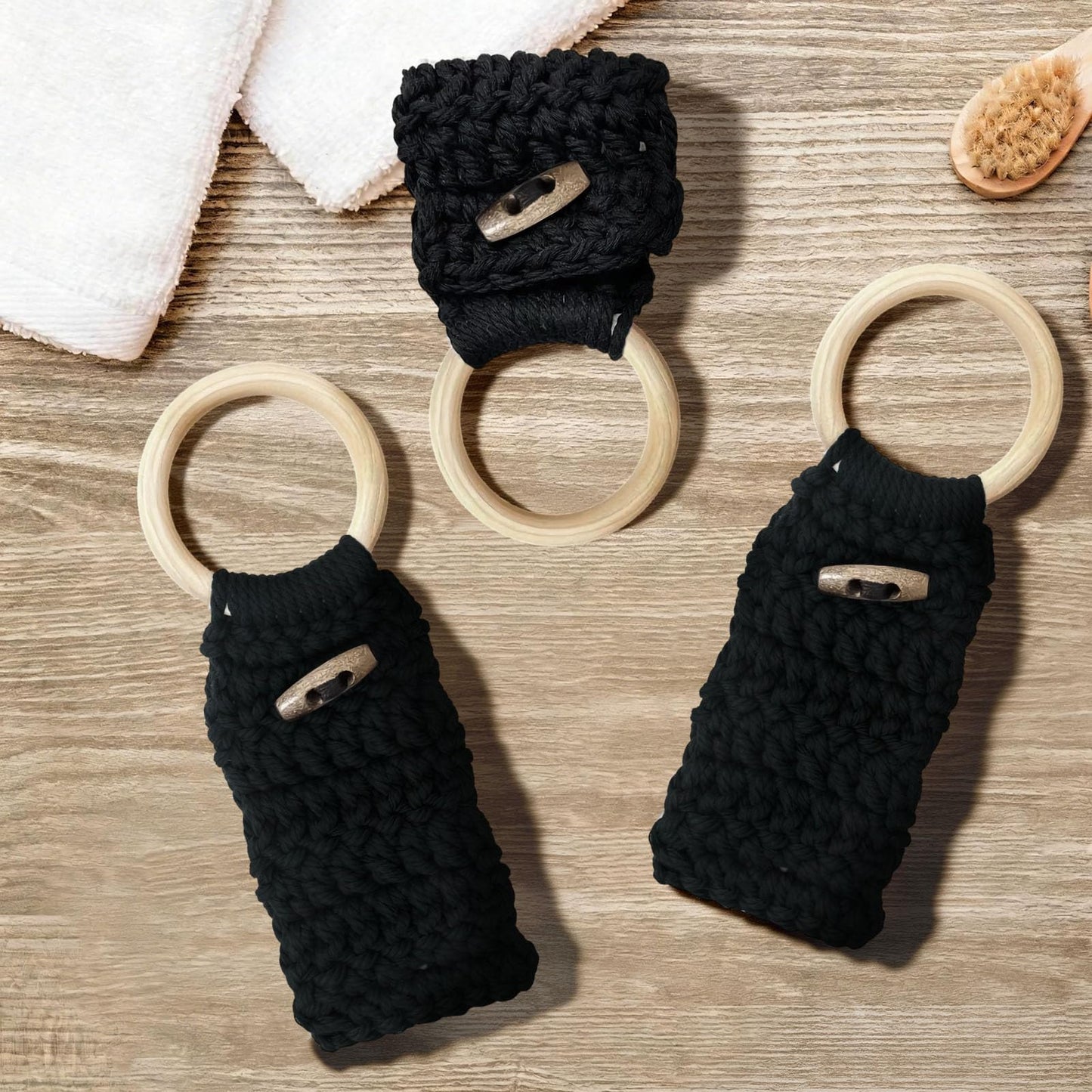 Aerbee Macrame Towel Holder Ring, 3PCS Kitchen Towel Hooks for Kitchen & Bathroom, Decorative Boho Style Kitchen Oven Towel Hanger Loop Ring, Unique Gift for Christmas, Black