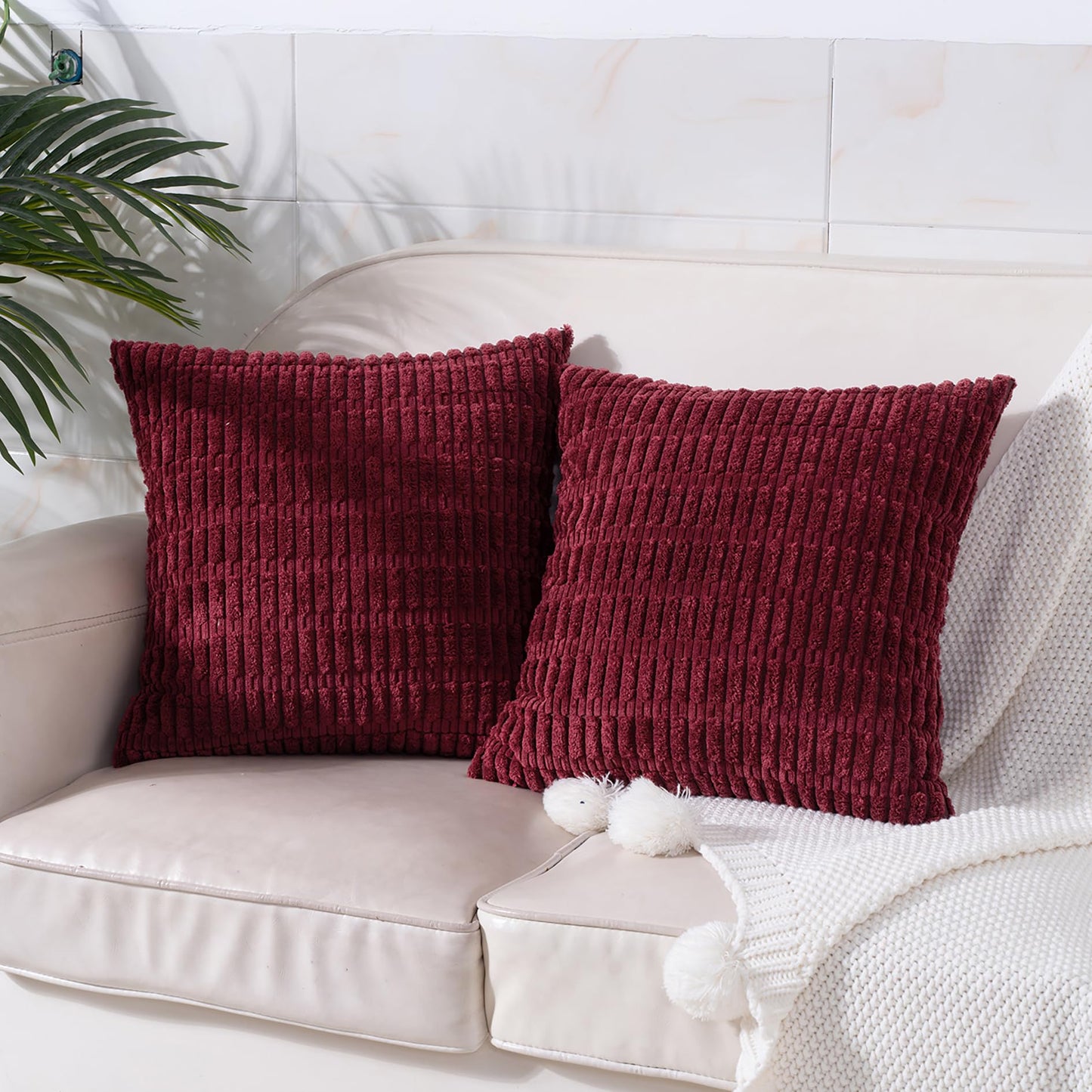 Smile of hope Pack of 2 Burgundy Corduroy Decorative Pillow Covers 18x18 Inch Soft Striped Boho Throw Pillow Covers Modern Farmhouse Home Decor for Sofa Living Room Couch Bed