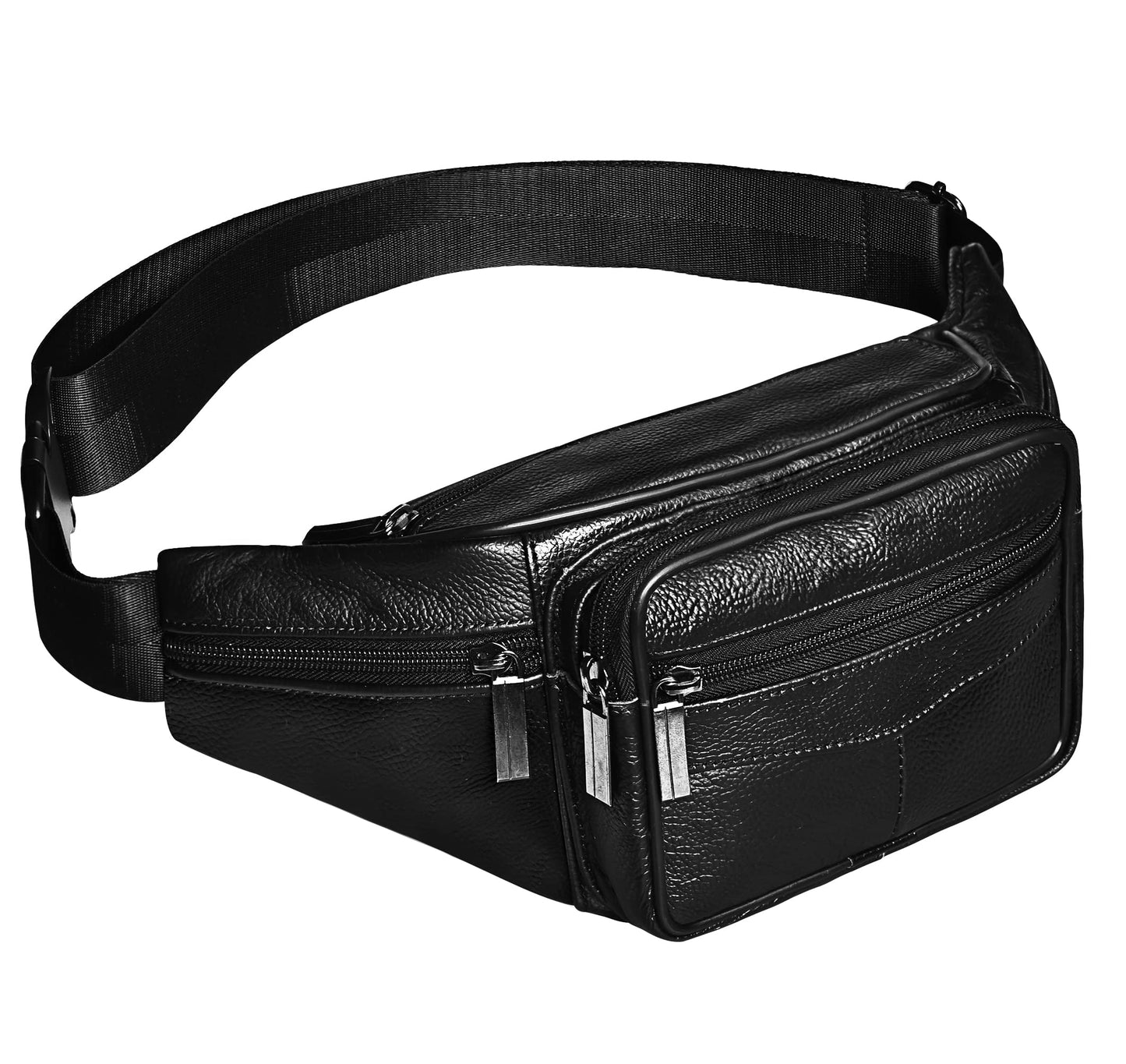 Fanny Pack, Genuine Leather Fanny Pack For Women Or Men, Large Cowhide 6 Zipper Pockets With Adjustable Strap Of Belt Waist Pack For Daily Life，Travelling， Running, Hiking Black a