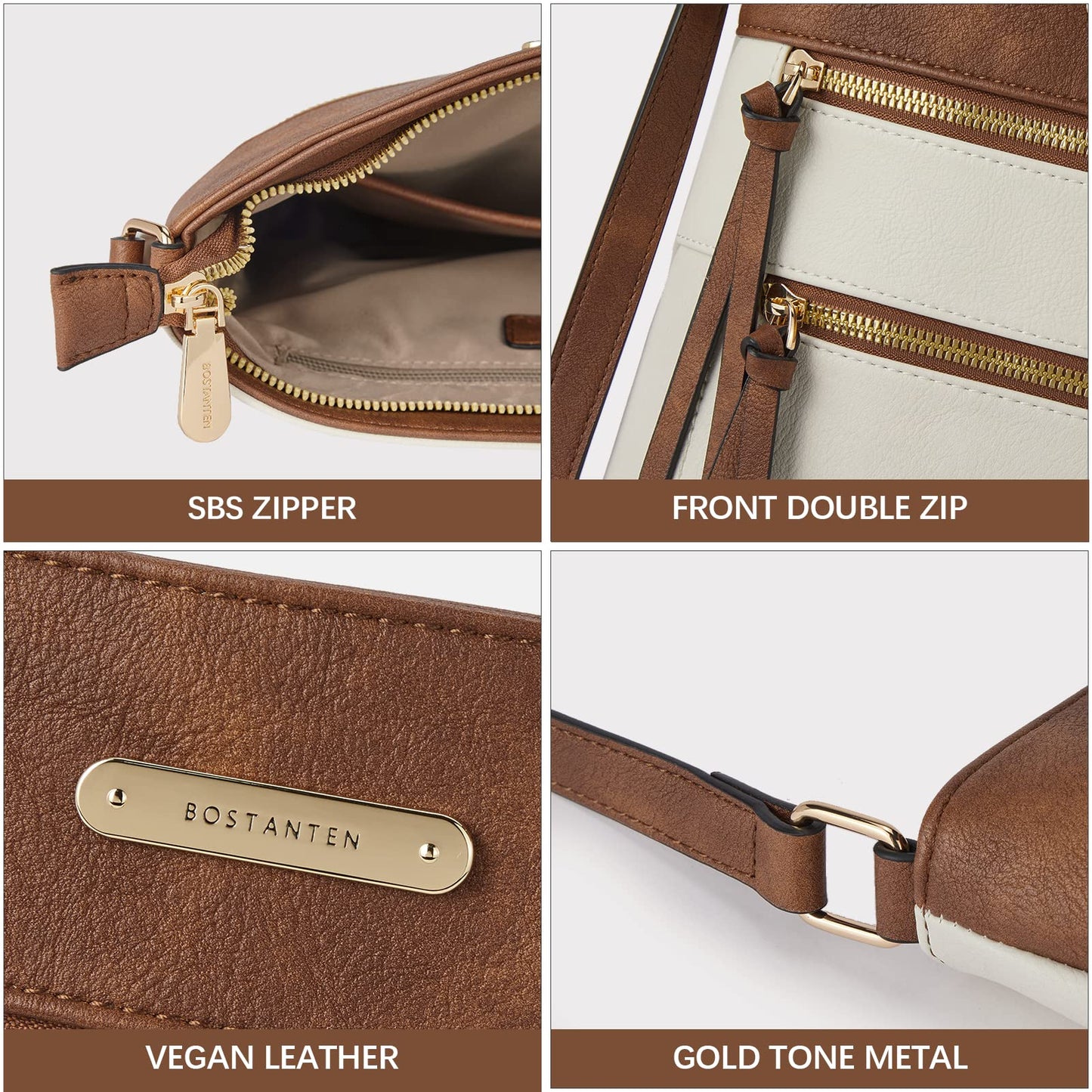 BOSTANTEN Crossbody Bags for Women Trendy Vegan Leather Purse Designer Shoulder Handbags with Adjustable Strap Zipper Pocket Beige with Brown