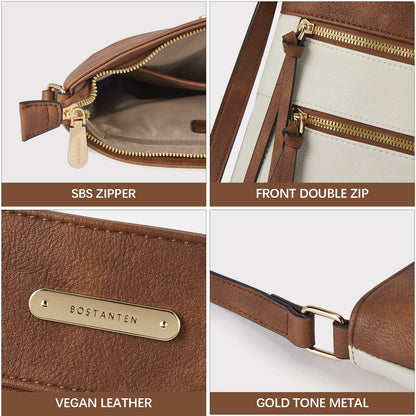 BOSTANTEN Crossbody Bags for Women Trendy Vegan Leather Purse Designer Shoulder Handbags with Adjustable Strap Zipper Pocket Beige with Brown