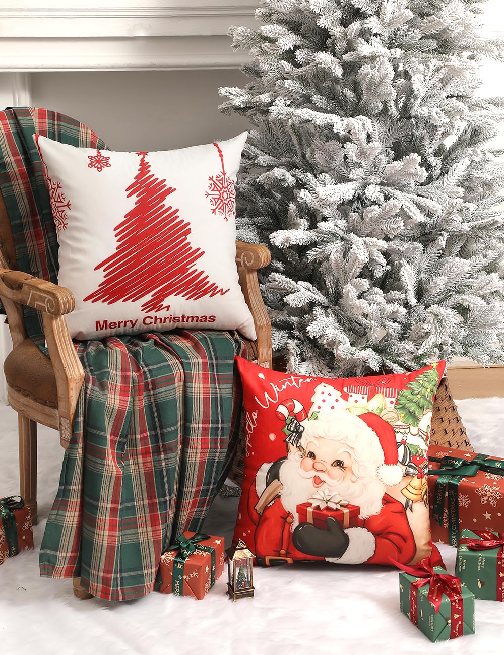 TOYPOPOR Christmas Decorations, Double Sided Throw Pillow Covers 18x18 Inches Set of 4, Christmas Tree, Snowflakes, Merry Christmas, Snowman Reindeer Cushion Case for Farmhouse Home Holiday Decor