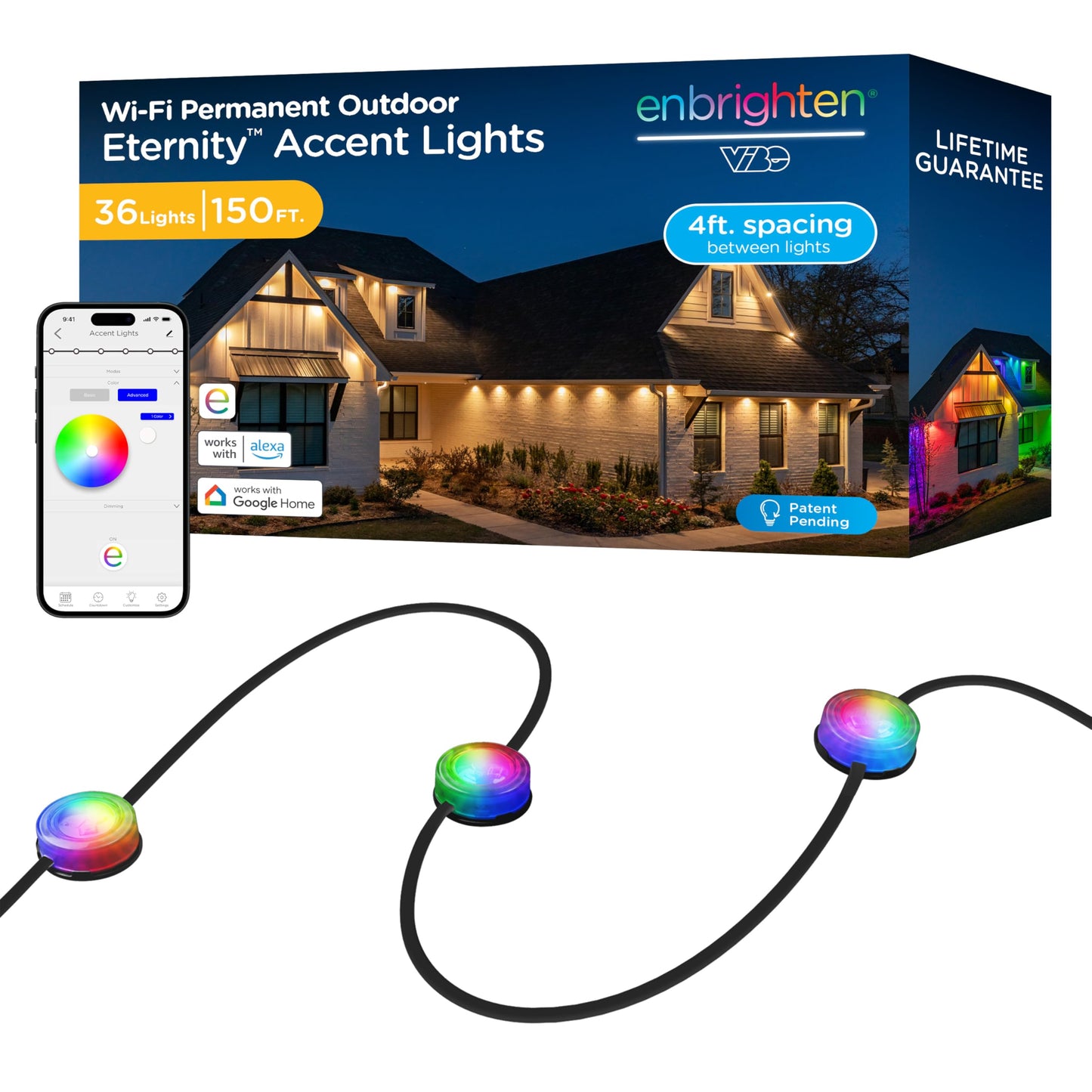 Enbrighten Eternity Accent Permanent Outdoor Lights, 150ft with 36 RGBWIC LED Lights, App‑Controlled, Cuttable, Christmas, Accent & Year‑Round Eave Lighting, Works with Alexa & Google Home, 85716