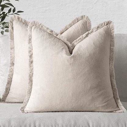 MIULEE Christmas Decorative Throw Pillow Covers Neutral Linen Fringe Throw Pillows Euro Shams Set of 2 Natural Beige Boho Farmhouse Cushion Covers for Couch Sofa Bed Living Room Home Decor 22x22 Inch