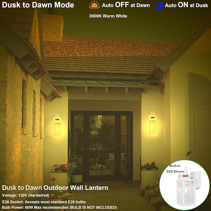GRUENLICH Dusk to Dawn Outdoor Wall Lantern, PIR Motion Sensor Wall Sconce, E26 Base Max 60W, Metal Housing Plus Glass, White Finish, Bulb Not Included, 2-Pack