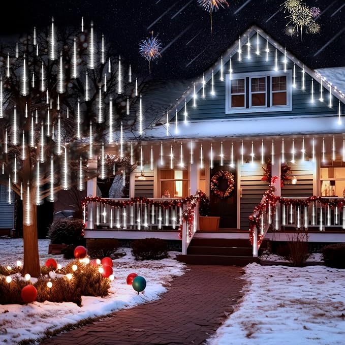 KNONEW 40 Tubes 1120 LED Meteor Shower Lights Christmas Lights Outdoor Plug in Waterproof Falling Rain Light for Xmas Tree Wedding Party Garden Holiday Rooftop Decorations (Cool White)