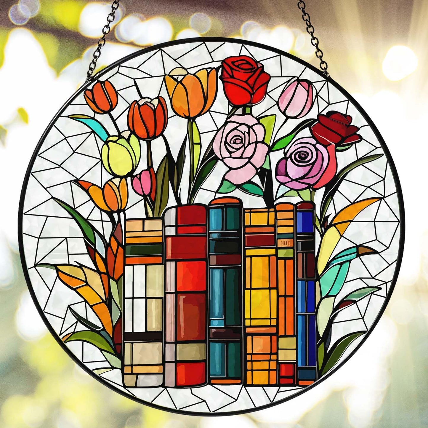 RVEAFA Flower Book Stained Glass Window Hanging 6'' Sun Catcher Book Club Lover Gifts for Women Reading Room Decor Handmade SunCatcher Decoration for Garden Home Bookish Library Decor
