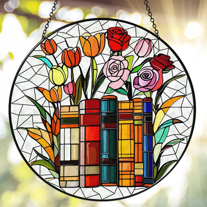 RVEAFA Flower Book Stained Glass Window Hanging 7.8'' Sun Catcher Book Club Lover Gifts for Women Christmas Wall Decor Handmade SunCatcher Decoration for Garden Home Bookish Library Decor