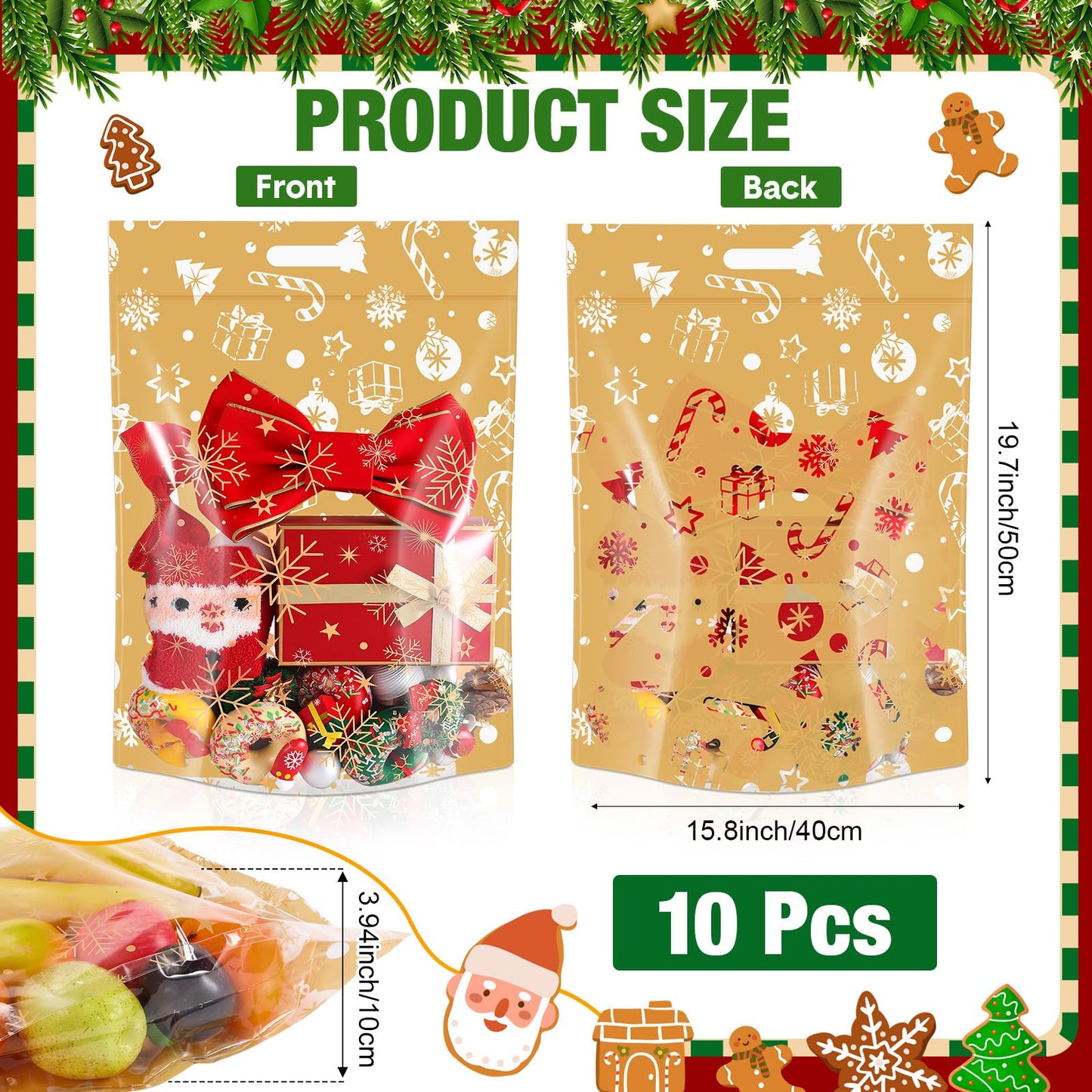 Fuutreo 10 Pcs Large Christmas Gift Bags 15.8x19.7 Inch Clear Christmas Plastic Bags Candy Cane Snowflake Treat Pouches with Handles for Winter Xmas Holiday Gift Candy Wrap Supplies Decoration