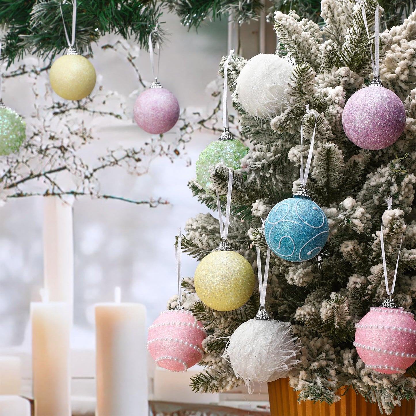 Syhood 12 Pcs 2.4 Inch Pastel Winter Tree Ornament Pink Yellow Blue Shatterproof Xmas Ornament Glitter Foam Winter Balls Tree Decoration for Home Xmas Holiday Candyland Party Centerpiece