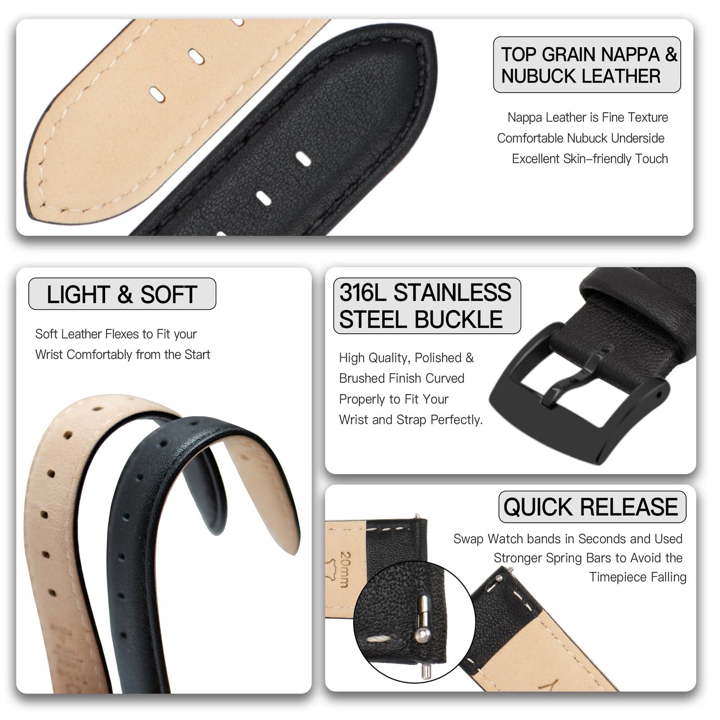 OTTOODY Leather Watch Bands Strap Quick Release, Elegant & Soft Top Grain Genuine Leather Watch band for Men Women, 22mm 21mm 20mm 18mm 16mm Replacement Straps for Watch & Smartwatch, Black Buckle