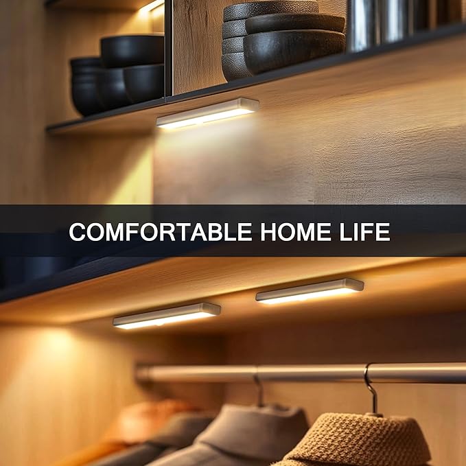 Motion Sensor Closet Lights, 10 LED Motion Sensor Lights, Stick-on Anywhere Battery Operated Night Light Bar, Safe Lights for Closet Cabinet Wardrobe Stairs, 6 Pack