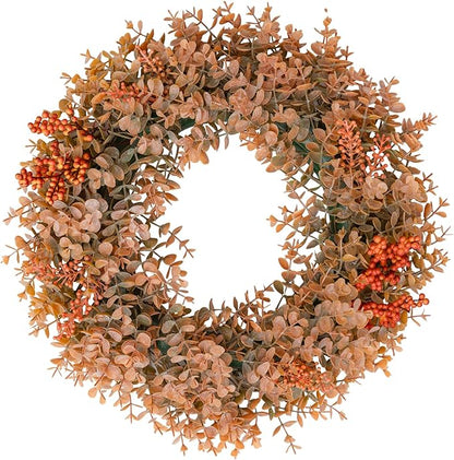 Eucalyptus Fall Wreaths for Front Door 15", Handmade Fall Leaves Wreath for Autumn, Floral Farmhouse Wreath for Wall and Outside Indoors
