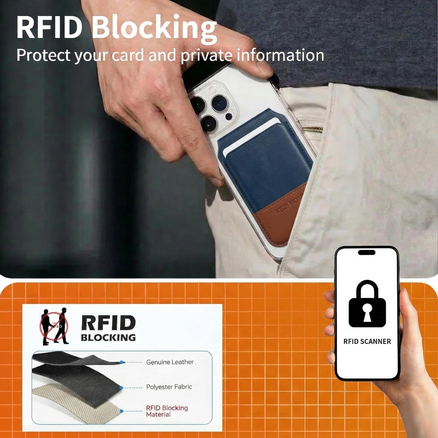 KEZiHOME for MagSafe Phone Wallet, Genuine Leather 5-6 Card Holder[RFID Blocking] with Adjustable Stand, Magnetic Wallet for Men compatible with iPhone 17/16/15/14/13/12 Series (Royal Blue/Brown)