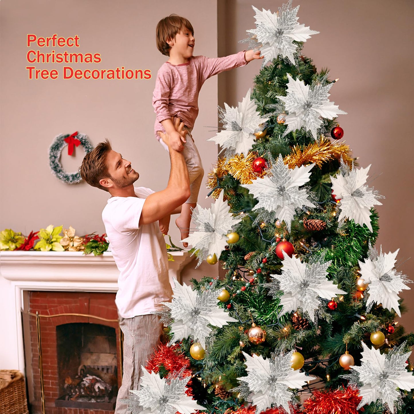 10'' Large Christmas Glitter Poinsettia Flowers Decorations, stadeco 10 Pcs Christmas Tree Picks Ornaments Artificial Flowers with Long Stems for Xmas Tree Wreath Garland Wedding Party DIY Decor