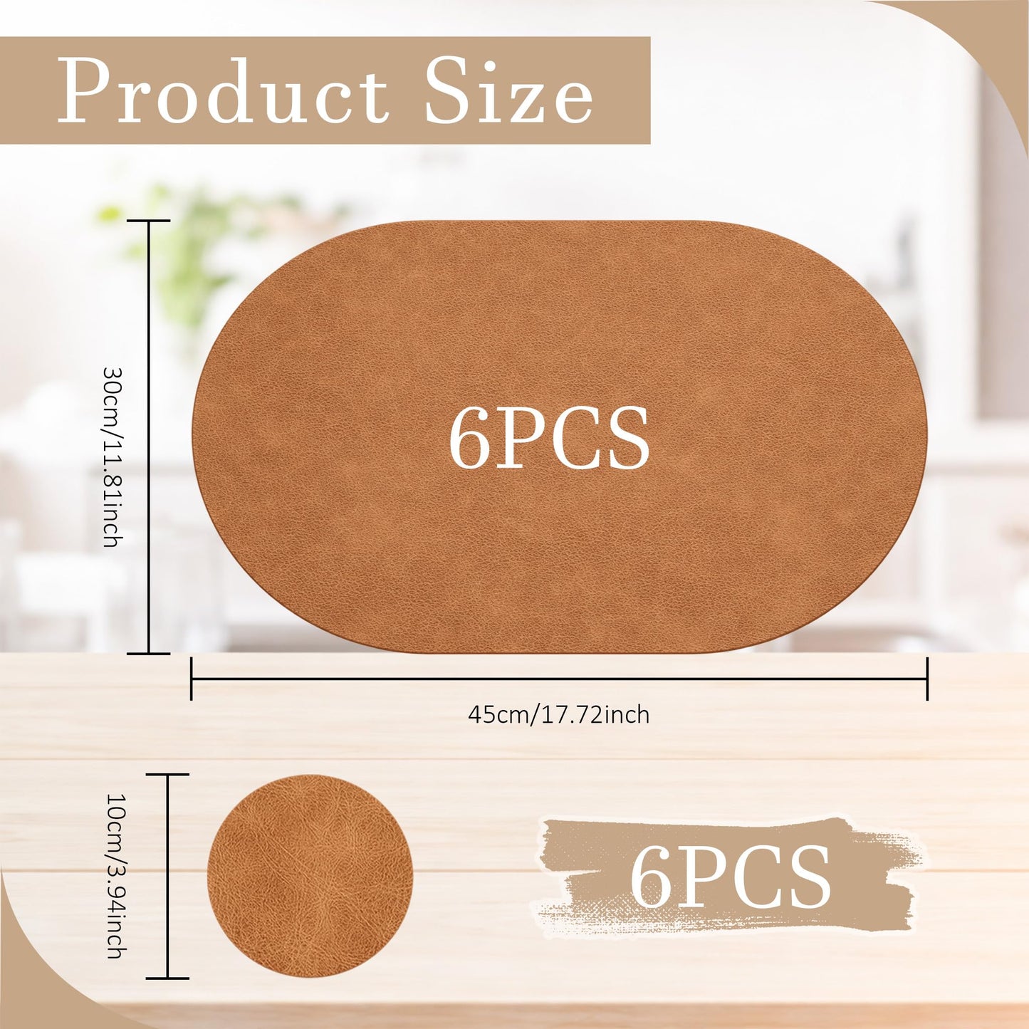 QTRQTR Oval Placemats Set of 6 Washable 12 x 17 Inch, Wipeable Placemat and Round Coasters Leather Place Mats Heat Resistant Table Mats for Kitchen Dining Outdoor