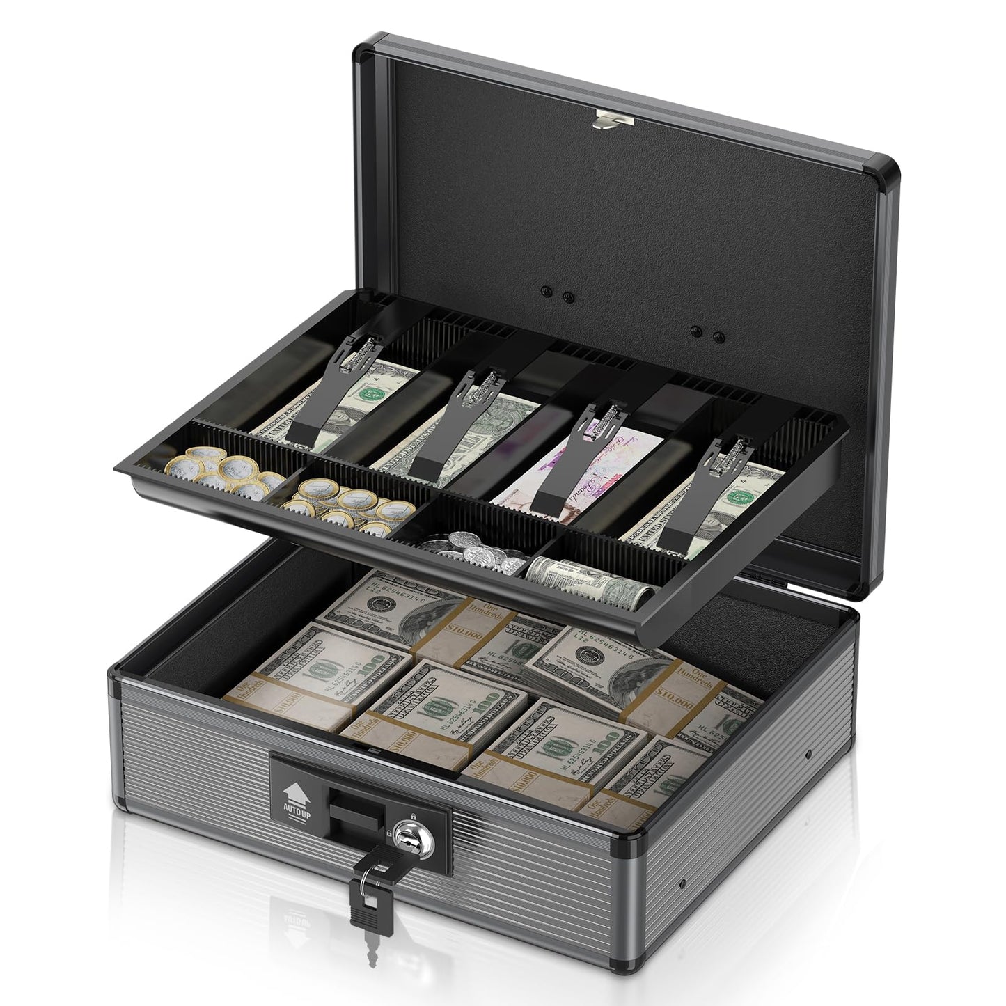 Lockbako Locking Cash Box with Money Tray and Key, Secure Money Safe Box for Cash, Portable Money Box with Bottom Storage Spaces, Money Saving Organizer(Black, Extra Large)