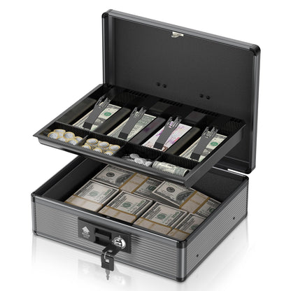 Lockbako Locking Cash Box with Money Tray and Key, Secure Money Safe Box for Cash, Portable Money Box with Bottom Storage Spaces, Money Saving Organizer(Black, Extra Large)