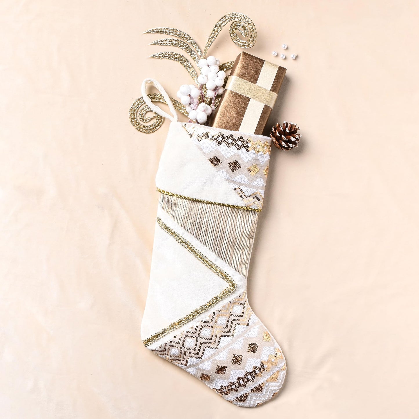 Valery Madelyn Christmas Stockings Decorations, 21 Inch Fabric 2 Pack White Gold Corrugation Exquisite Plush Personalized Fireplace Hanging Ornament for Holiday Xmas Party Decor
