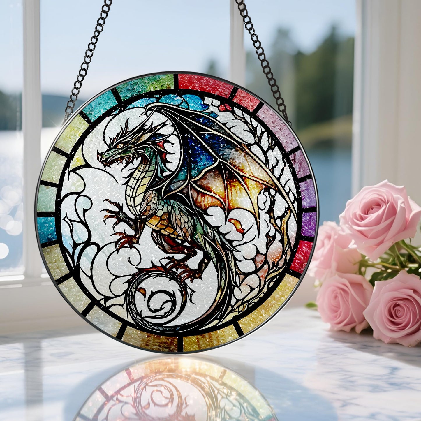 8 Inch Stained Glass Suncatcher Ornament, DOUHASU Dragon Sun Catchers Indoor Window, Stained Glass Window Hanging, Home Decor, Dragon Lovers Gifts for Men, Dad, Husband, Boyfriend