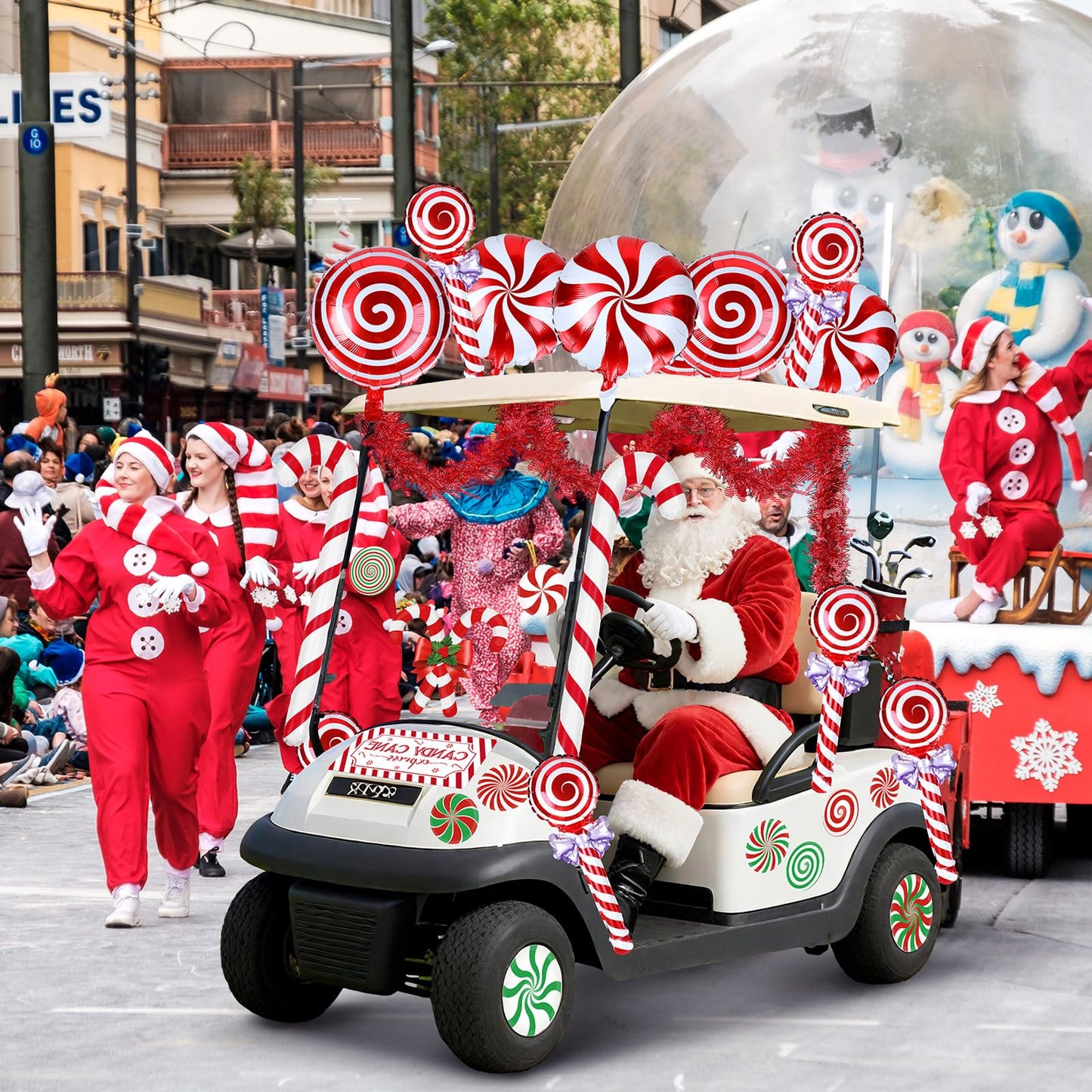 Leyndo 46 Pcs Christmas Golf Cart Decorations Kit Christmas Candy Cane Parade Decor Red Green and White Car Decoration with Banner Candy Cane Hanging Garland Stickers Balloon for Xmas Party