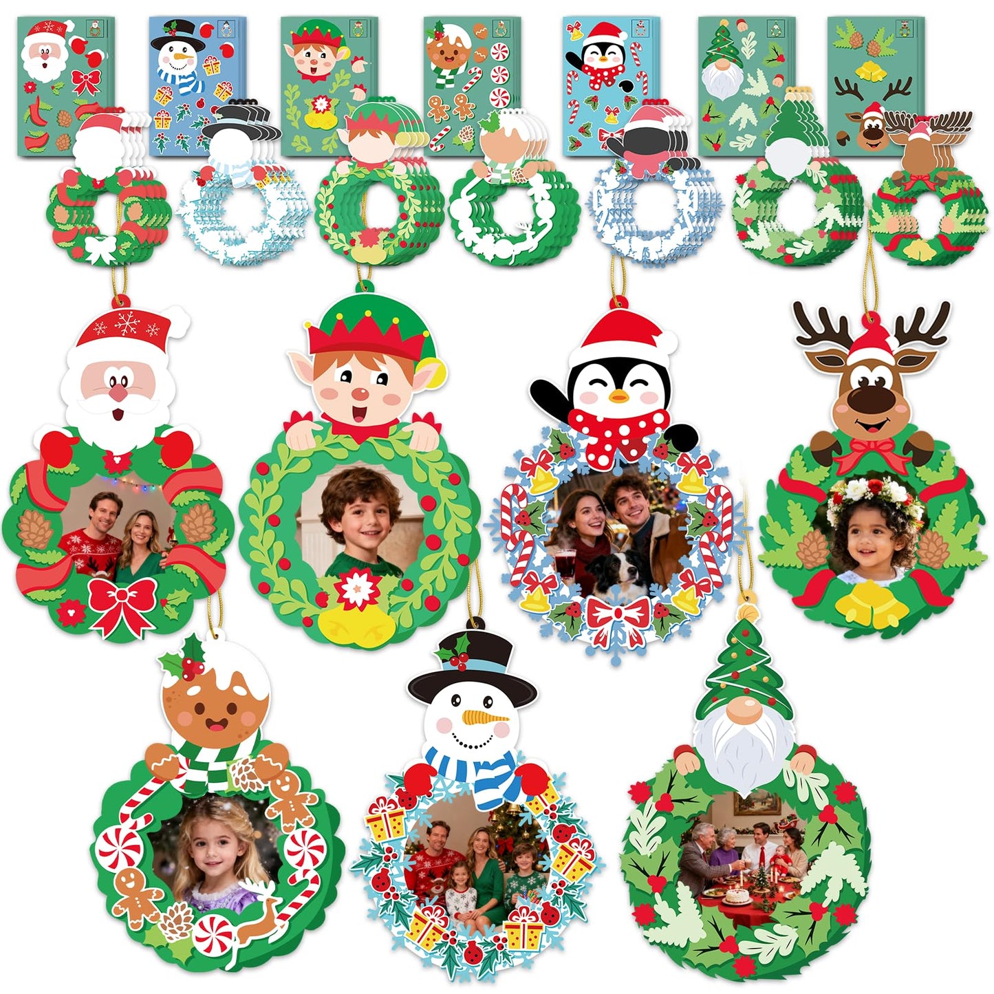 VABAMNA 28 Pack Christmas Picture Frame Craft Kit for Kids, Christmas Wreath Kit DIY Photo Frame Paper Crafts Gingerbread Snowman Hanging Ornaments for Xmas Tree Winter Art Home Classroom Activities