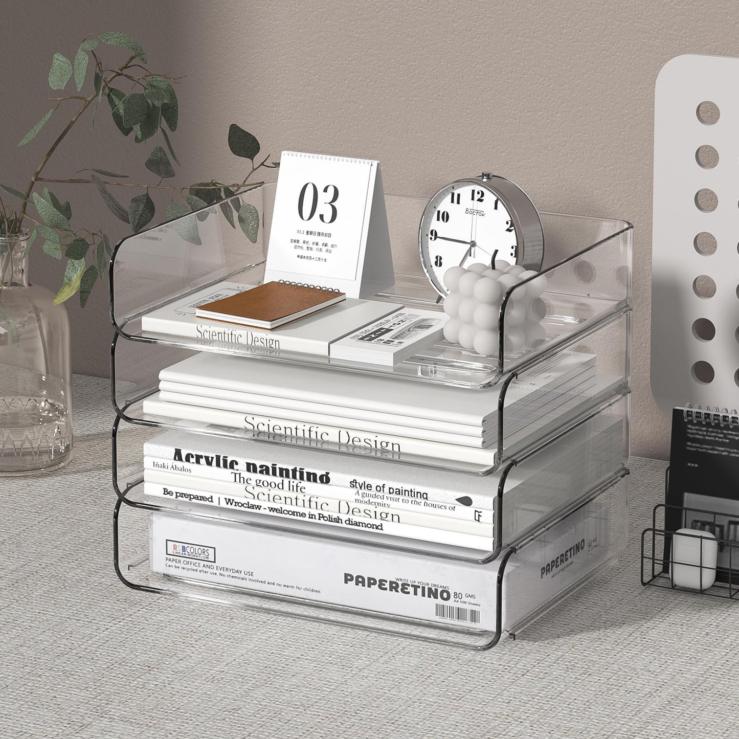 FANXIYQ 4-Tier Acrylic Paper Tray Organizer - Low-Profile Desk File Sorter for Office/Home, Clear Stackable Letter Tray for Bills, Crafts, Notebooks