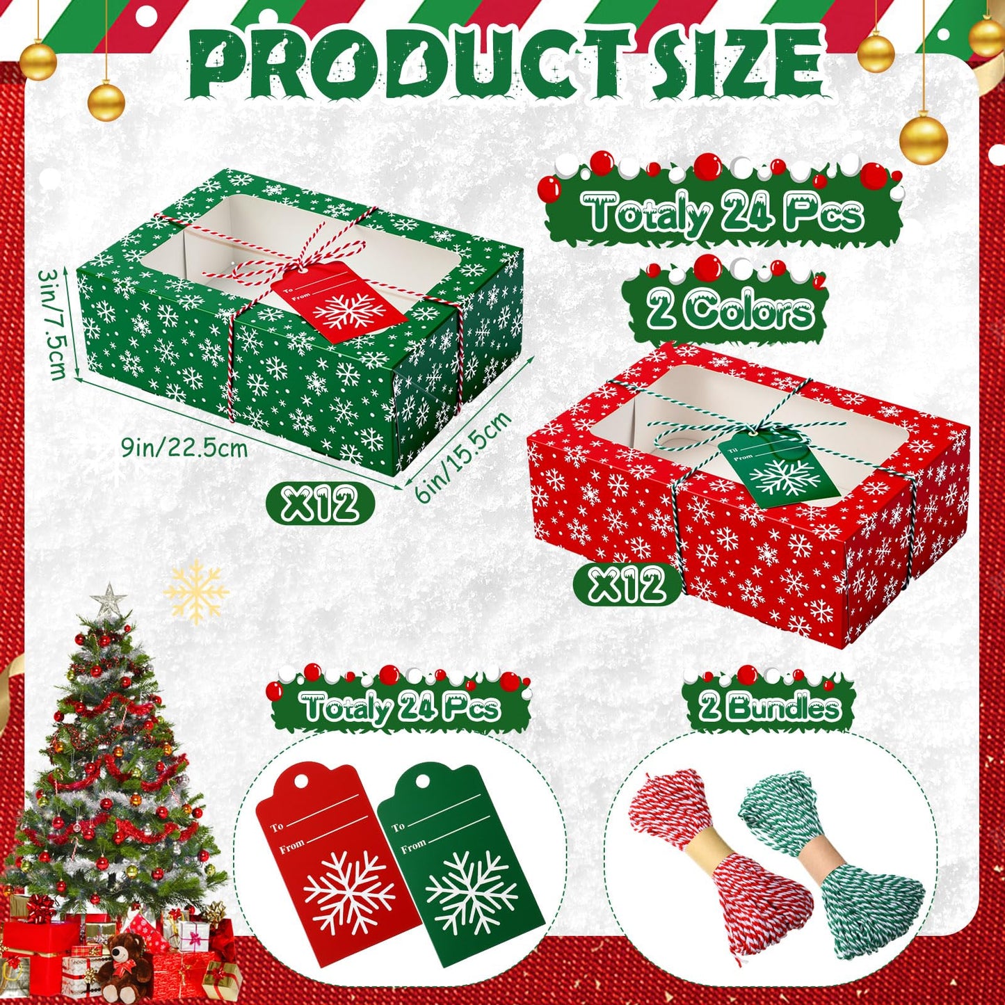 Glenmal 24 Pcs Christmas Cookie Boxes with Window 9 x 6 x 3 Inch Red Green Xmas Snowflakes Bakery Treat Container with Tag String for Holiday Gift Giving Pastries Candy Cupcake Dessert Party Supplies