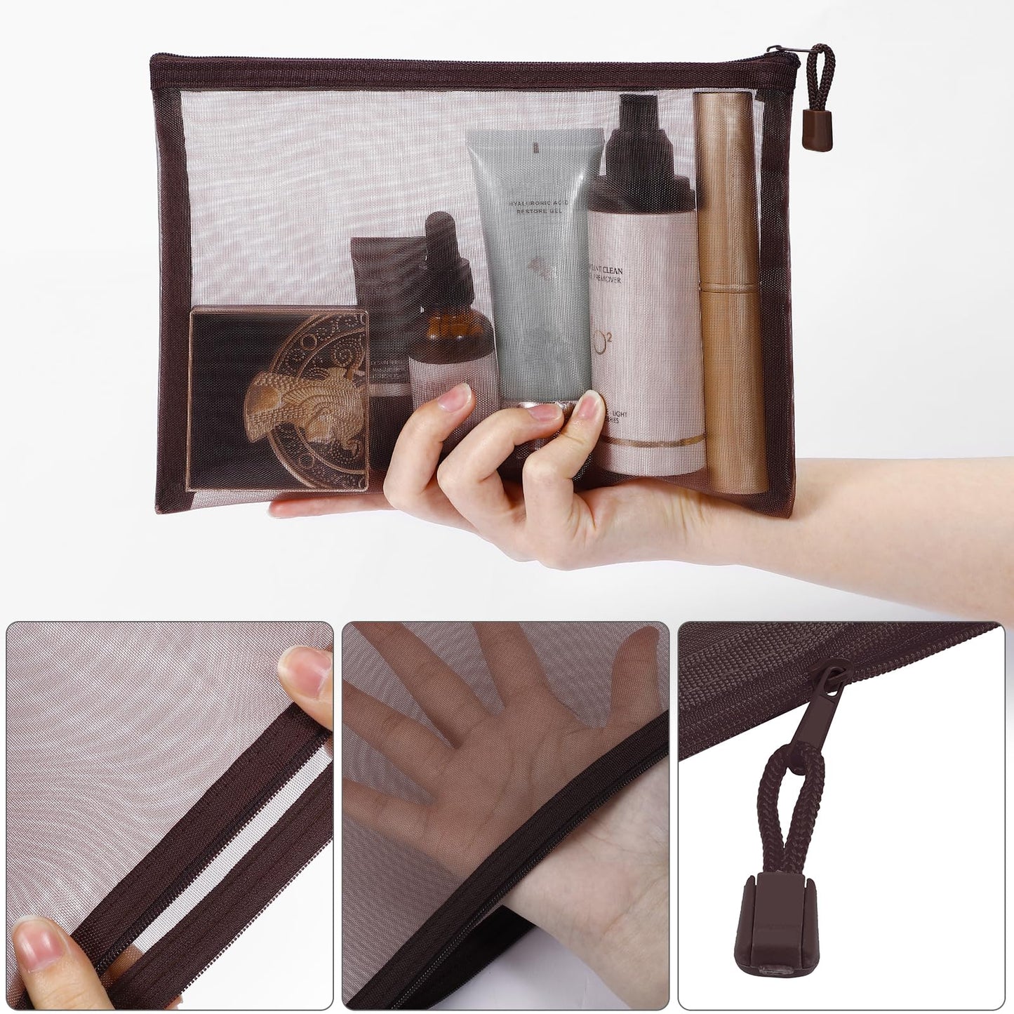 Sinzip 12 Pieces Zipper Nylon Mesh Pouch, Mesh Cosmetic Bags Makeup Bags Pencil Case, Multipurpose Travel Bags for Cosmetic School Office Supplies and Travel Accessories (Coffee, A5+B6)