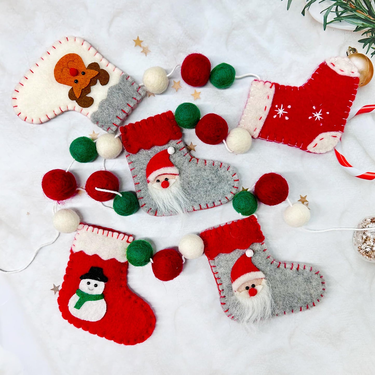 Wool Felt Christmas Decorations Clearance Garland Christmas Stockings Boots Banner Red Green White Felt Balls Pom Pom Garland Bunting for Xmas Tree Wall Home Fireplace Windows Party Decor Supplies