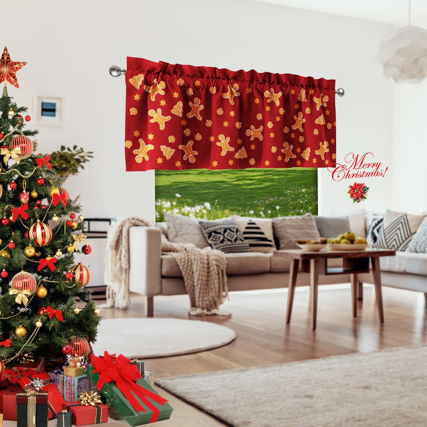 SUNWISHA Christmas Curtain Valances Set 52x18'' - Lively Gingerbread Men/Trees/Stars - Holiday Inspired Character Decor - Rod Pocket Kitchen/Bathroom/Laundry Winter Valances Red