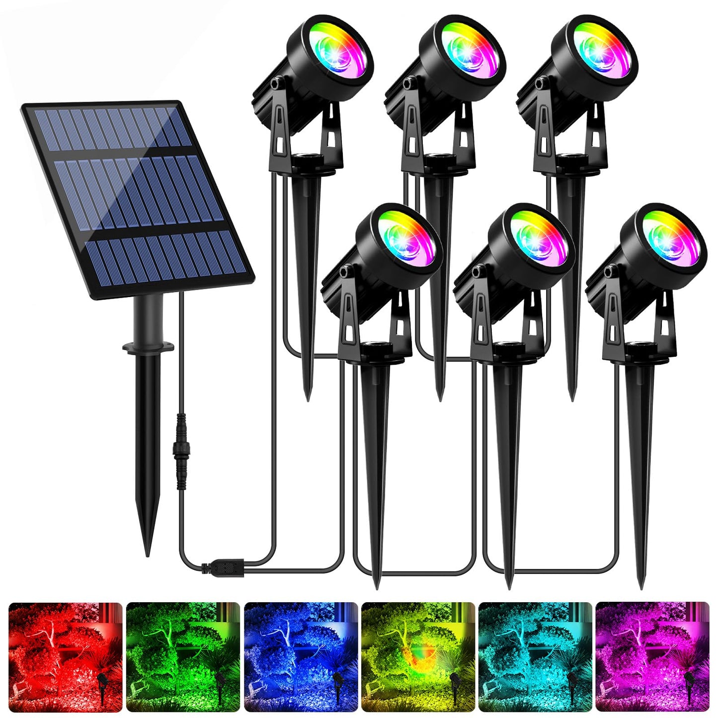 T-SUNUS RGB Solar Spot Lights Christmas Outdoor 6-in-1, Color Changing Landscape Spotlights Pond Lighting Waterproof IP65 9.8ft Cable for Tree Patio Pathway Yard Garden Wall Flag Halloween Holiday