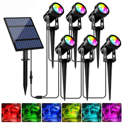 T-SUNUS RGB Solar Spot Lights Christmas Outdoor 6-in-1, Color Changing Landscape Spotlights Pond Lighting Waterproof IP65 9.8ft Cable for Tree Patio Pathway Yard Garden Wall Flag Halloween Holiday