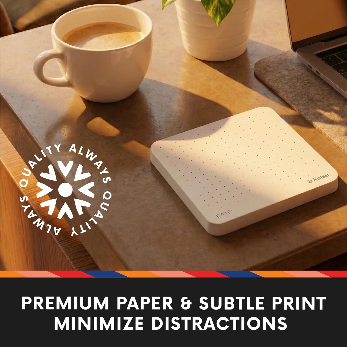 Notsu Dot Grid Sticky Notes 4pk | Premium Thick Paper 120gsm | Dotted Memo Pads with Date, 3" x 3"