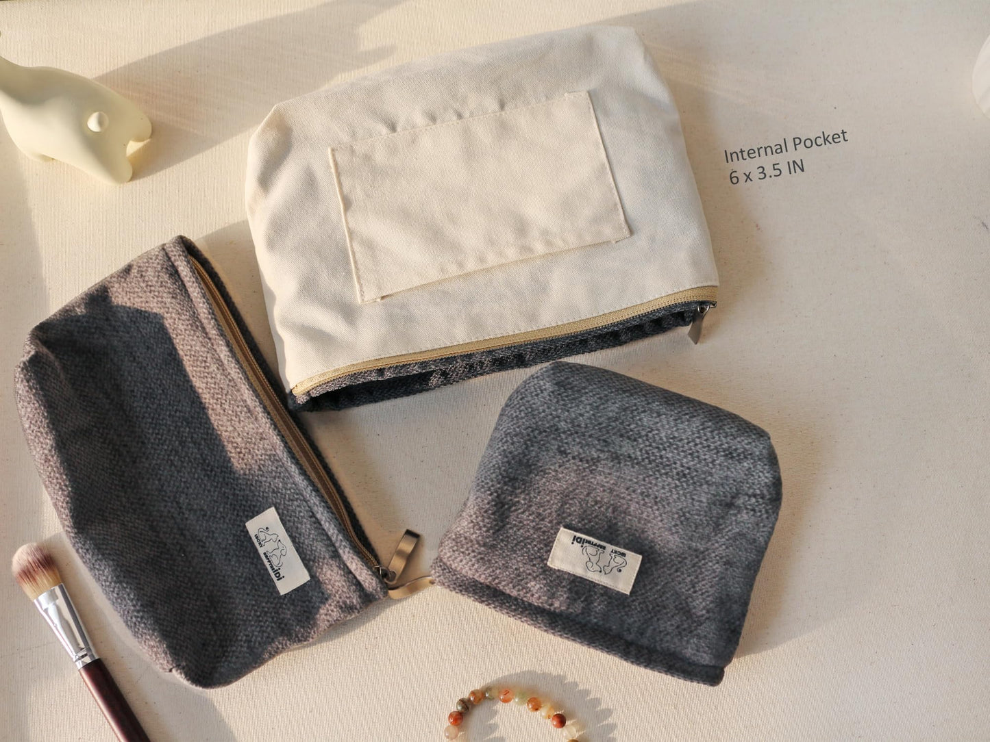 HAPPYHEIDI Gray Velvet Corduroy Makeup Bag Set 3 with Compartment Women Girls Cosmetic Toiletry Pouch,Travel Accessory Organizer, 3-Size, Canvas Lined