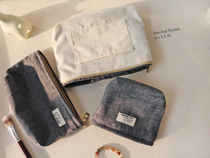 HAPPYHEIDI Gray Velvet Corduroy Makeup Bag Set 3 with Compartment Women Girls Cosmetic Toiletry Pouch,Travel Accessory Organizer, 3-Size, Canvas Lined
