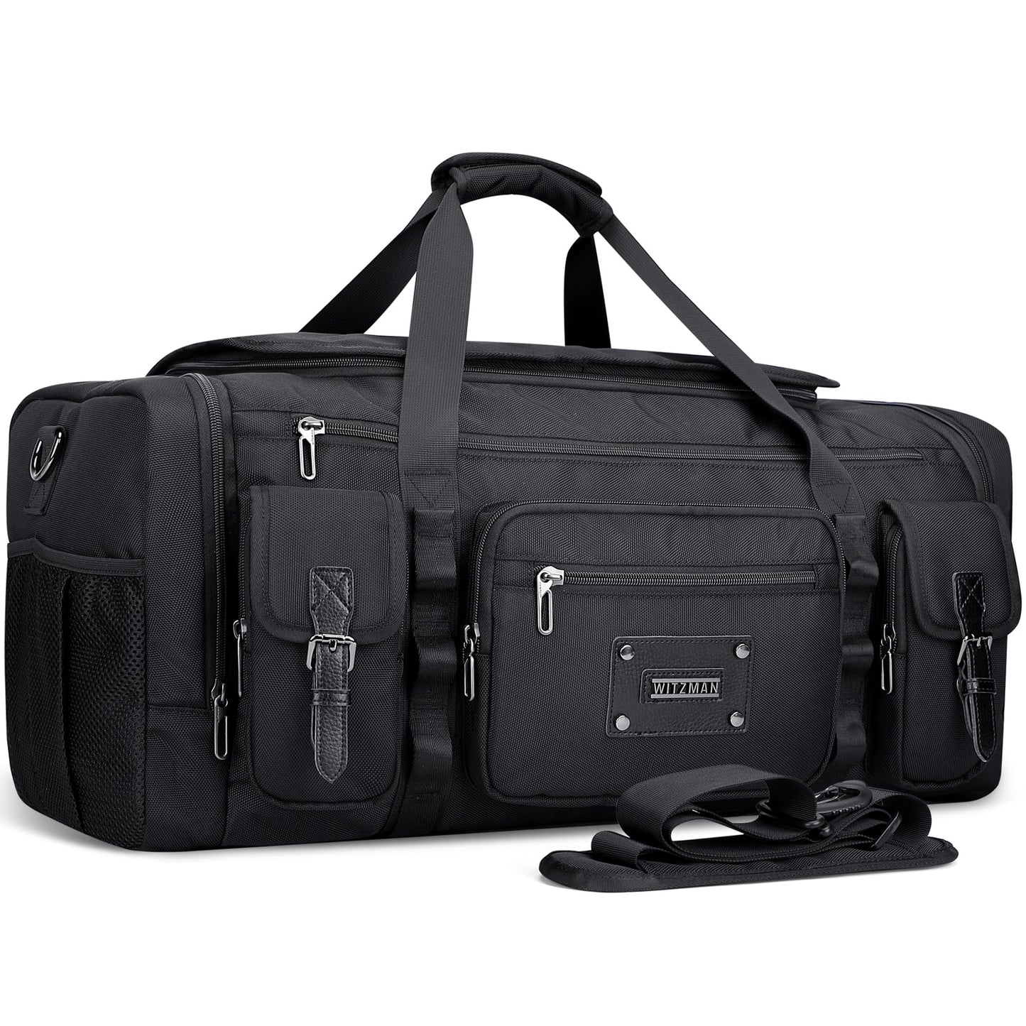 WITZMAN Duffle Bag for Men Large Carry On Weekender Bag 54L Nylon Duffle Gym Bags for Travel with Shoes Compartment(B717 Black)