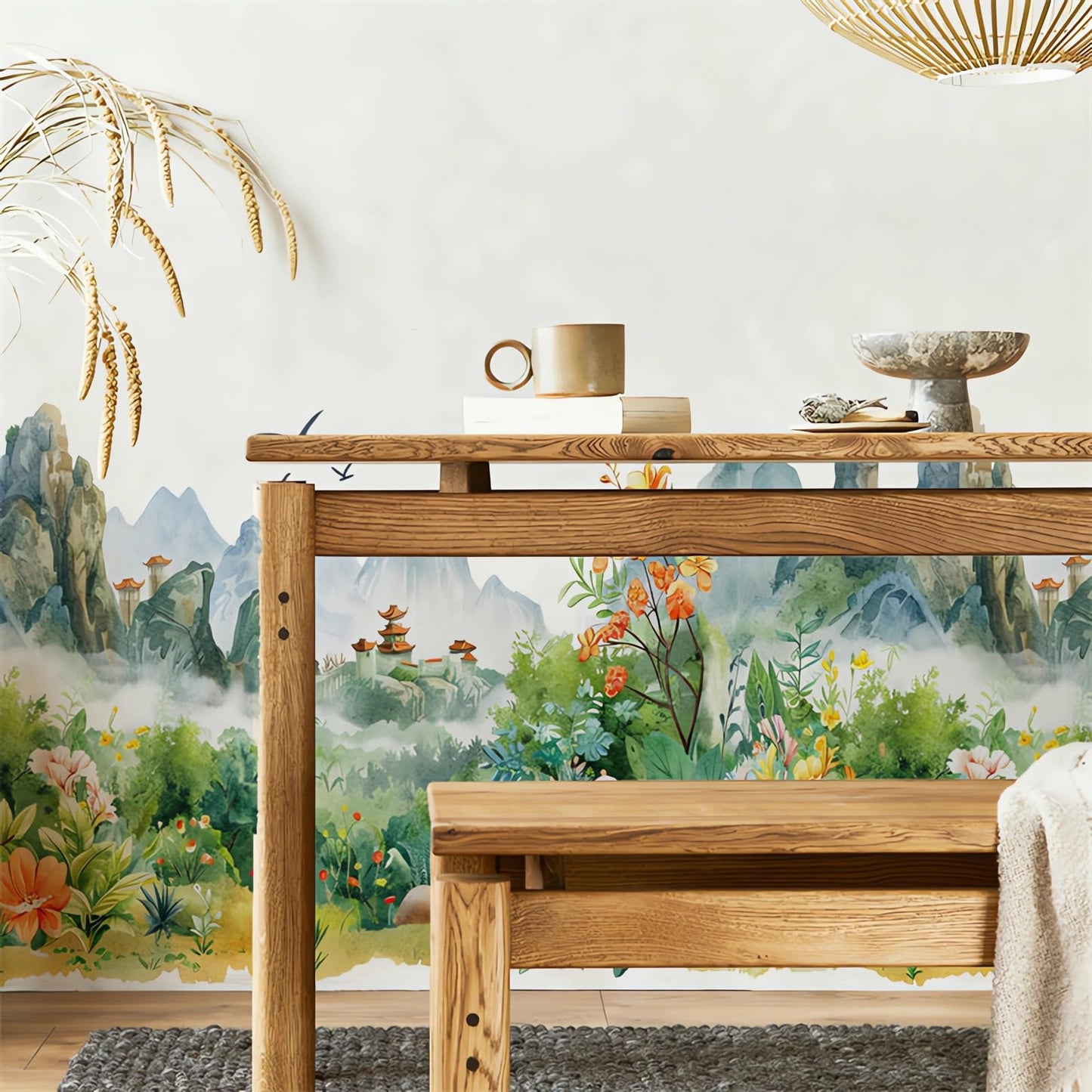 Chinese Style Landscape Painting Circulation Collage Wall Stickers, sacinora Landscapes Flower River Bird Wall Decal Removable Vinyl Peel and Stick for Living Room Tea Room Background Home Decoration