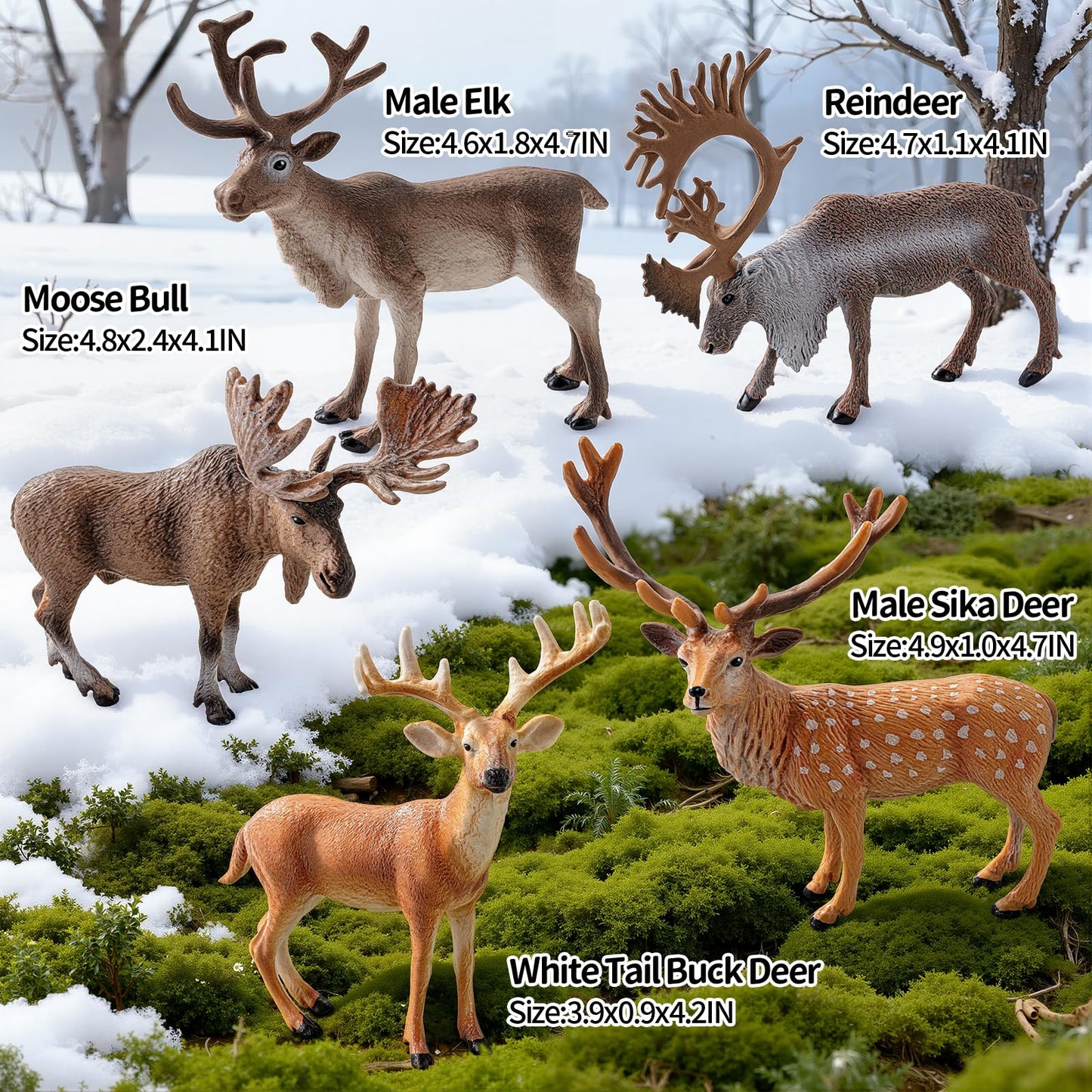THINKBAY 14 PCS Deers Family Figurines Set - Elk, Reindeer, Moose, Sika Deer, Whitetail Deer - Realistic Solid Wild Animal Figures for Kids 3+, Educational Toys, Cake Toppers, Party Favors