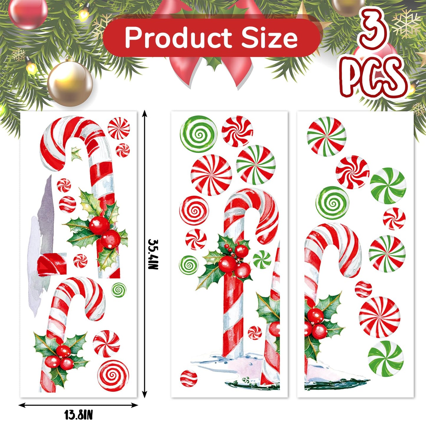 Whaline 13.8 x 35.4'' Extra Large Christmas Window Clings Red Green Candy Cane Holly Berry Window Stickers Double Sided Glass Decals for Winter Xmas Home Classroom Office Party Decoration, 3 Sheets
