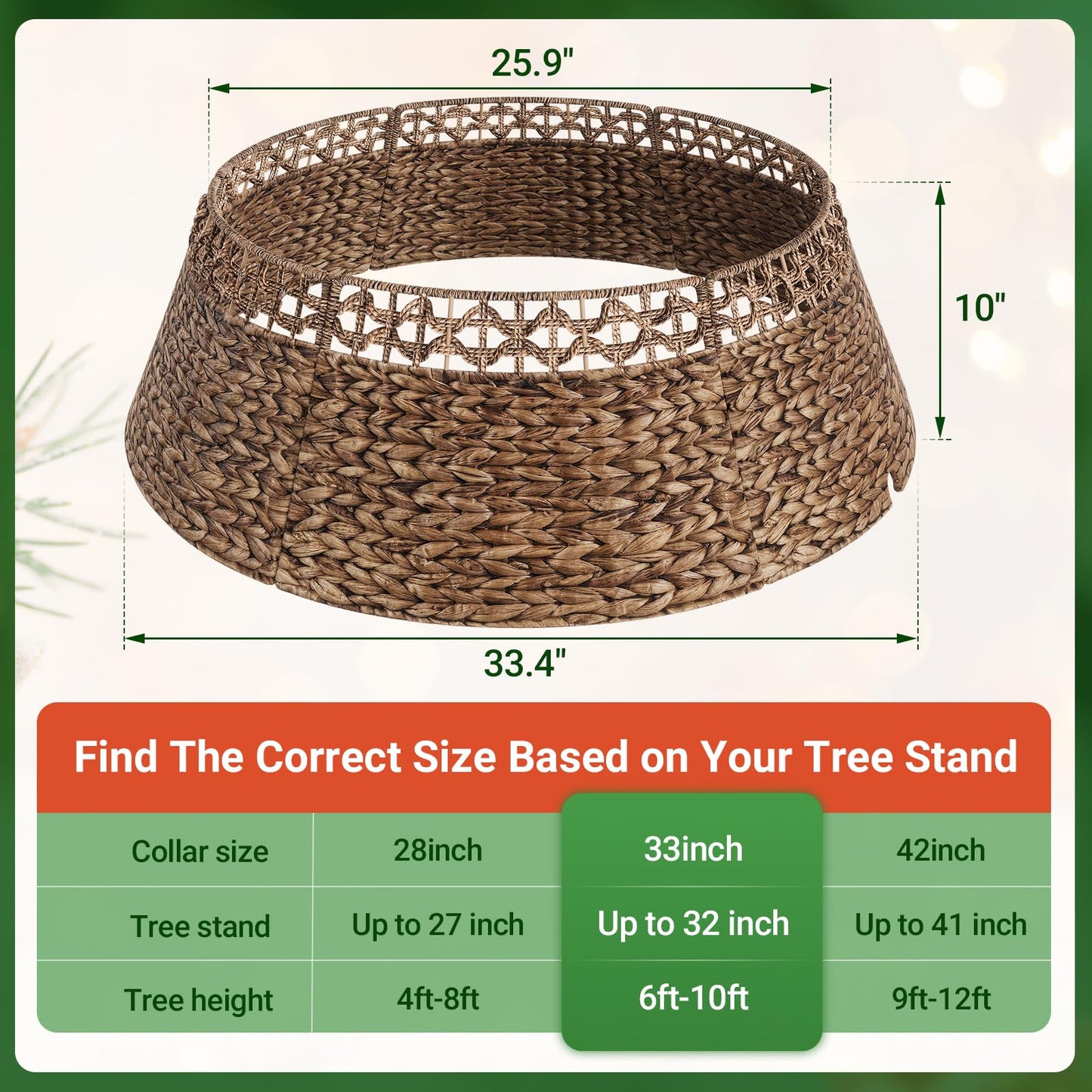 ELYKEN 33 Inch Woven Rattan Christmas Tree Collar, Stylish Seagrass & Water Hyacinth Xmas Tree Skirt for Artificial Trees, Wicker Tree Base Cover with Cord Cut-Out Farmhouse Tree Ring for Home Decor