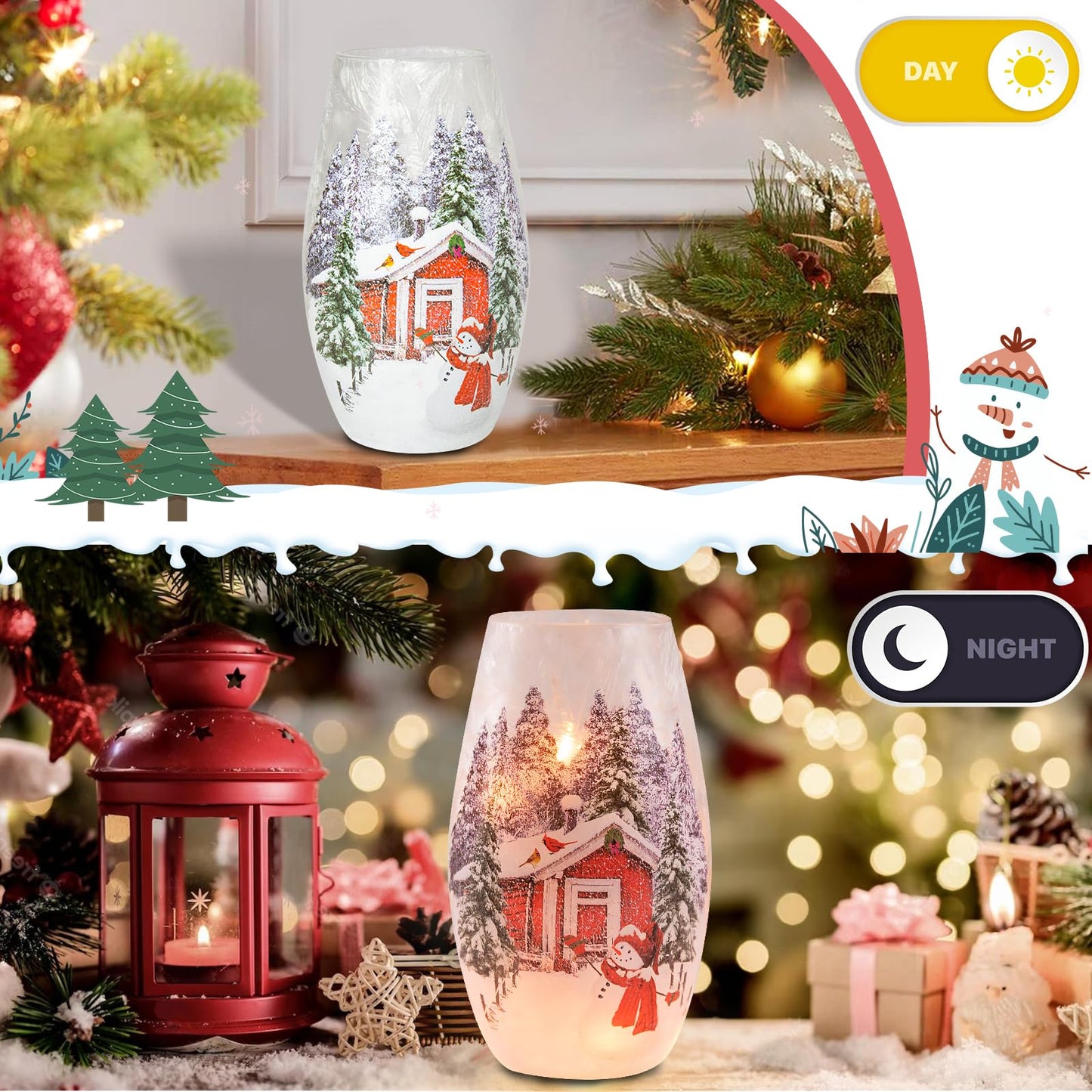 Wonder Solar Christmas Crackle Glass Lights Decorations Snowman Indoor Crackle Glass Vase LED Lighted Holiday Lamp Night Lights for Xmas, Christmas Lighting Decorations Indoor