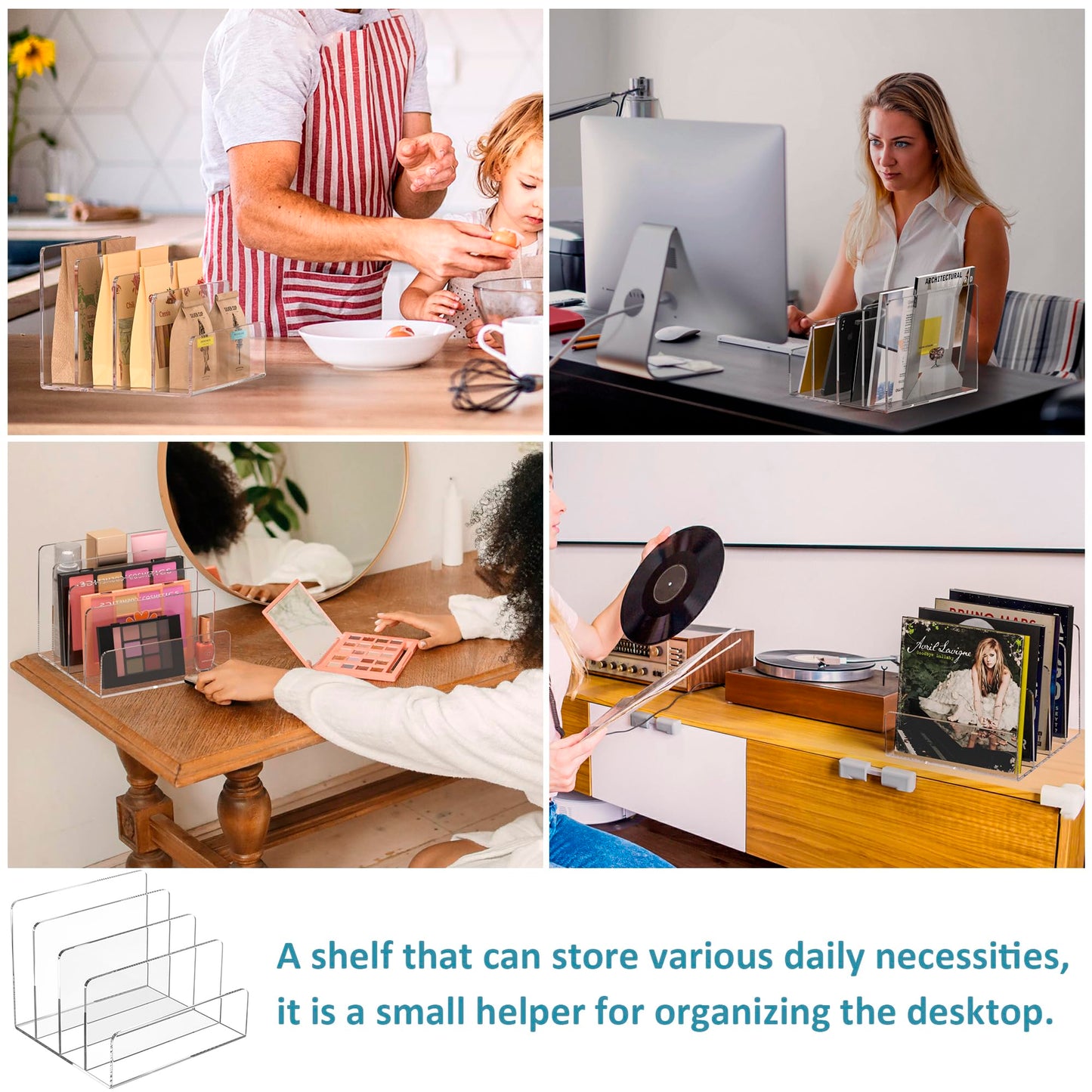 Sezanrpt Acrylic File Holder 4 Compartment, Clear Desk File Organizer, Acrylic Organizer for Books, Phone, Ipad, Envelope, Notebook, Calculator