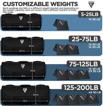 RDX Sandbag for Fitness Weights Training, Unfilled Power Bags with Handles, 5-200 LBs Adjustable Weighted Slam Bag for Strength Powerlifting Running Heavy Workout Home Gym Exercise, Sold AS UNFILLED