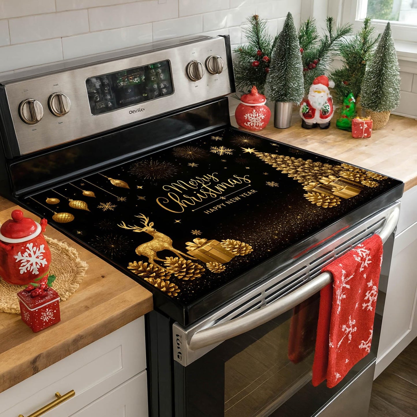 HOMETITUTE Christmas Stove Top Cover 28x20 Inch Glass Top Protector Silicone Cooktop Mat Heat Resistant Stovetop Cover Golden Deer Tree Holiday Kitchen Decoration