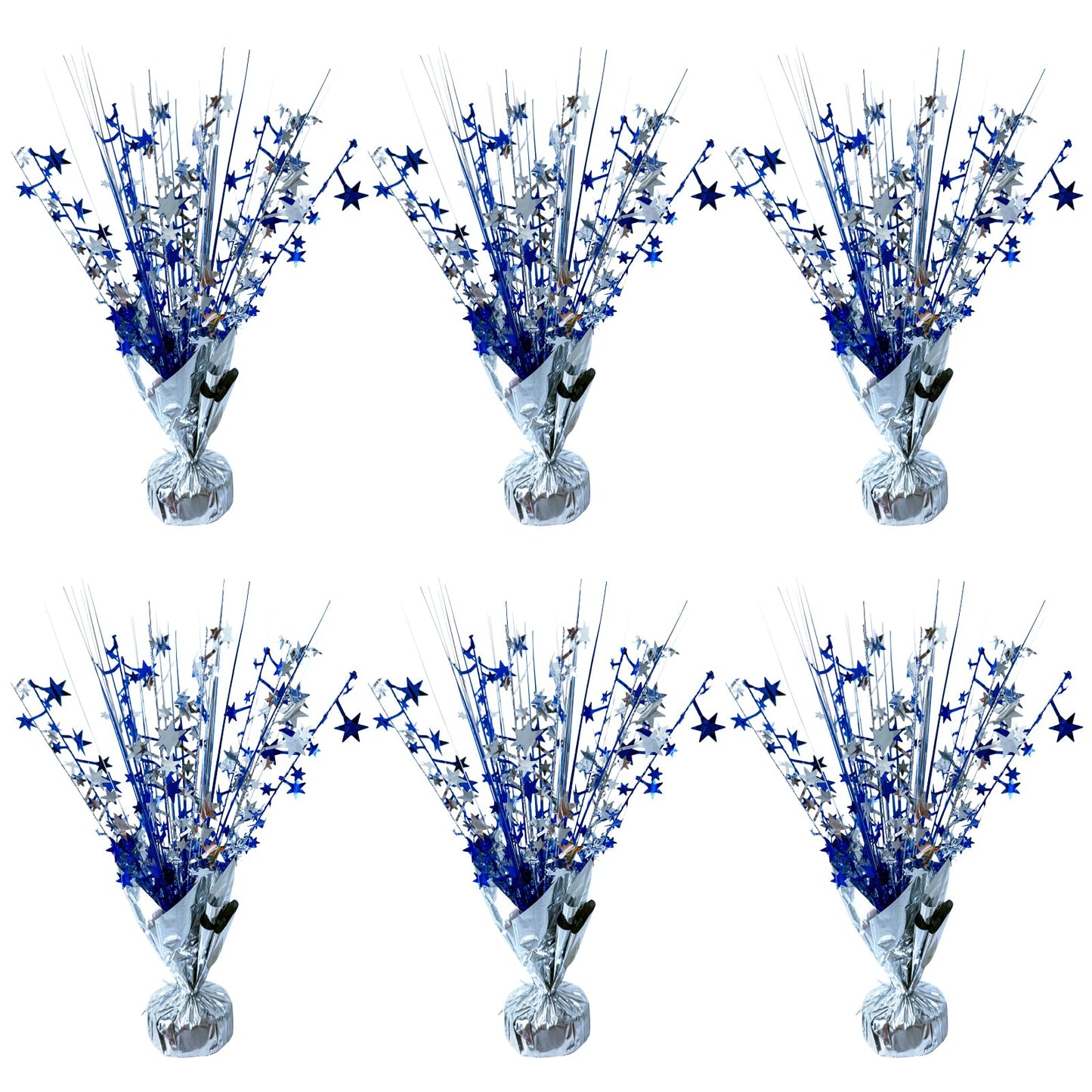 FUBININA 6 Pack Metallic Foil Spray Centerpiece Star Table Decoration Burst Table Centerpieces for Birthday Wedding Anniversary Graduation Holiday Party Supplies Decor, Silver Blue