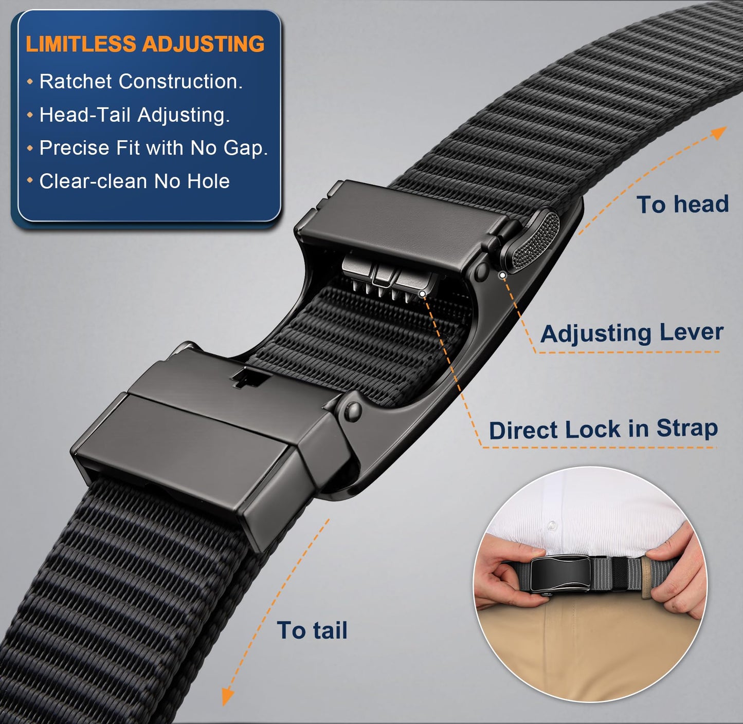 BULLIANT Mens Ratchet Belt Reversible,Web Nylon Casual Belt for Gift Men Golf Hiking Pants Jeans 2 In 1(Black/Gray,30"-36" Waist Adjustable)