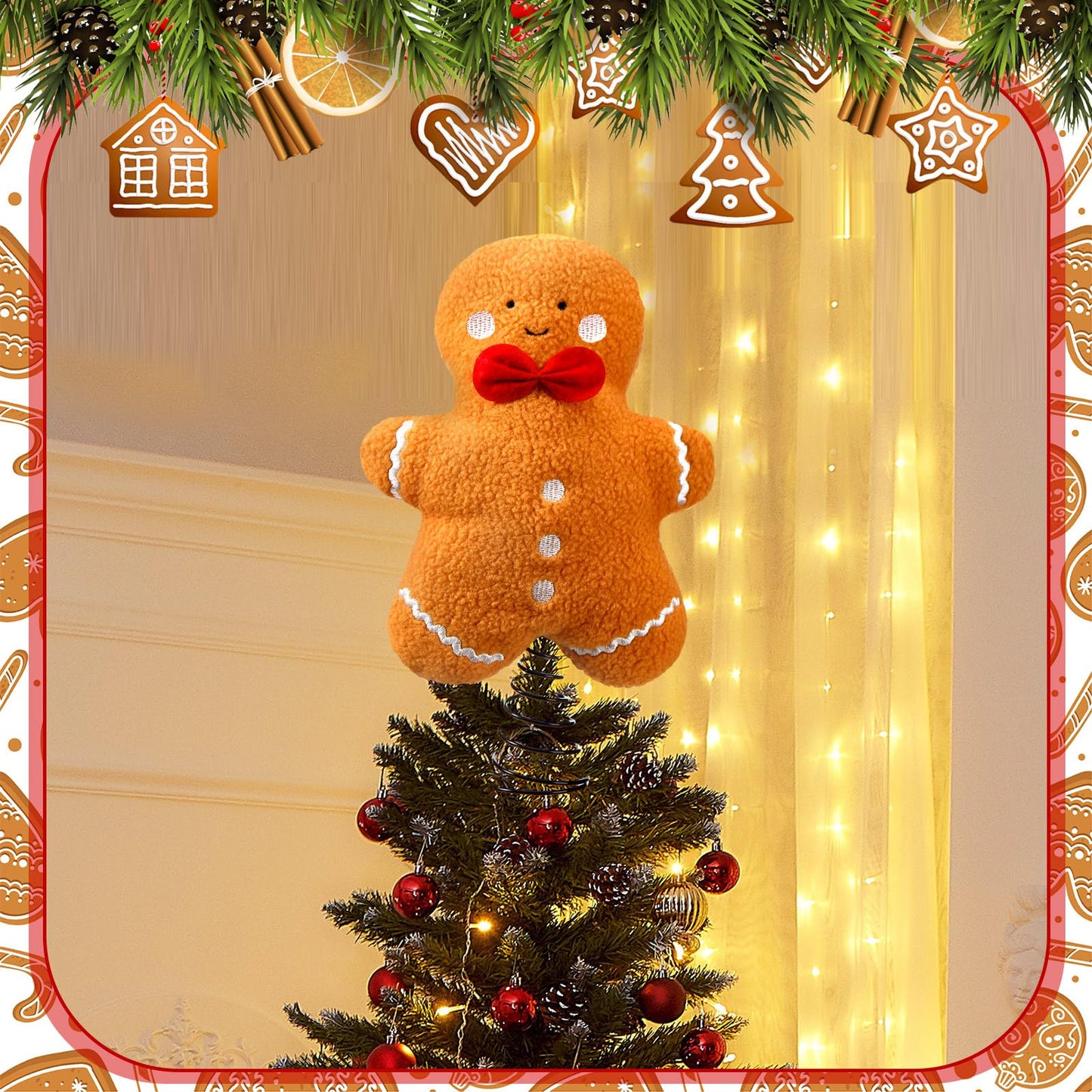 Gejoy Christmas Gingerbread Tree Topper Plush Stuffed Tree Toppers Ornaments for Christmas Party Indoor Xmas Holiday Festive Home Decoration