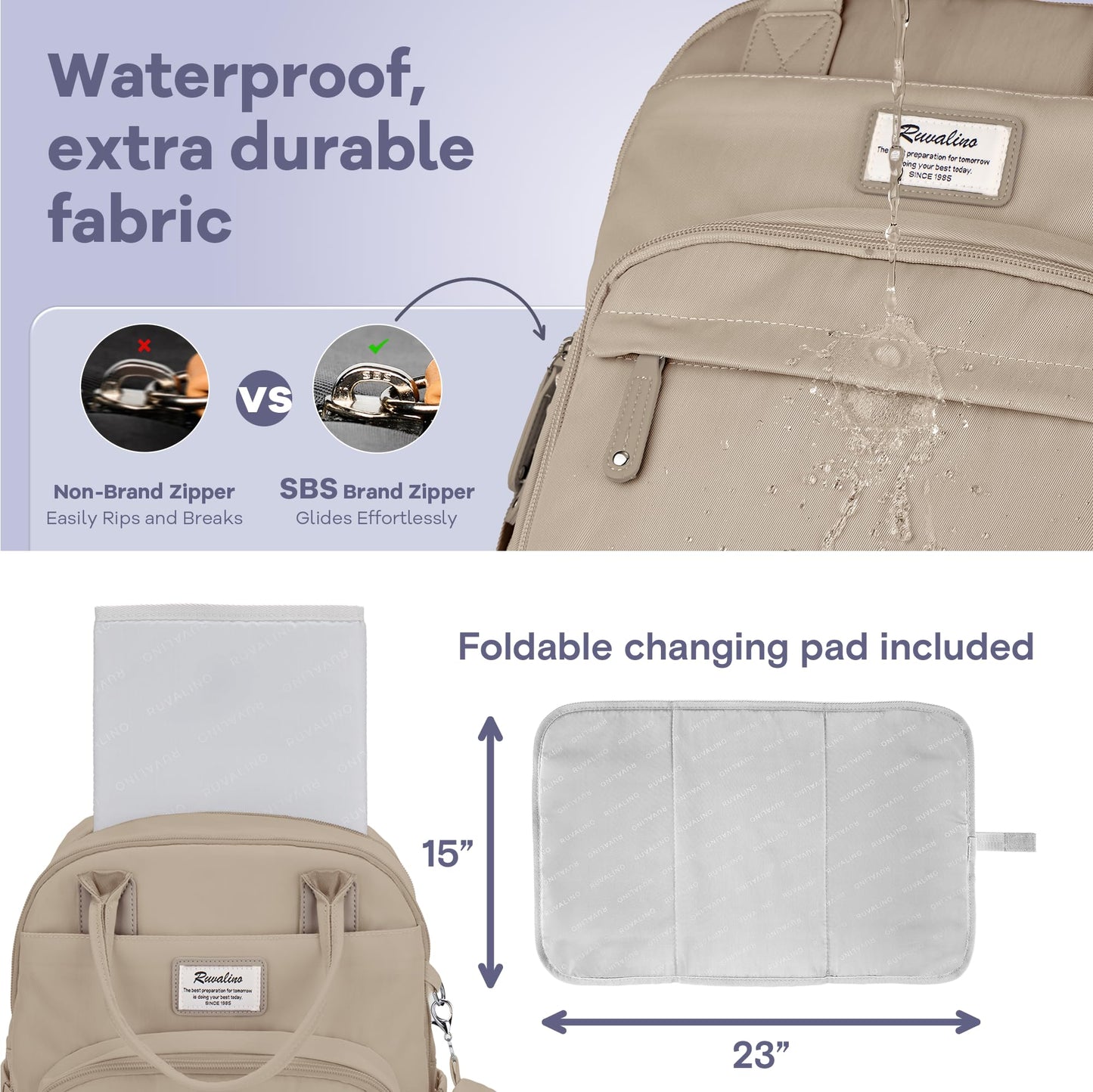 RUVALINO Diaper Bag Backpack-Multifunction Baby Travel Bag with Changing pad, Insulated Bottle Holders & Pacifier Case, Large Capacity, Waterproof, Clay