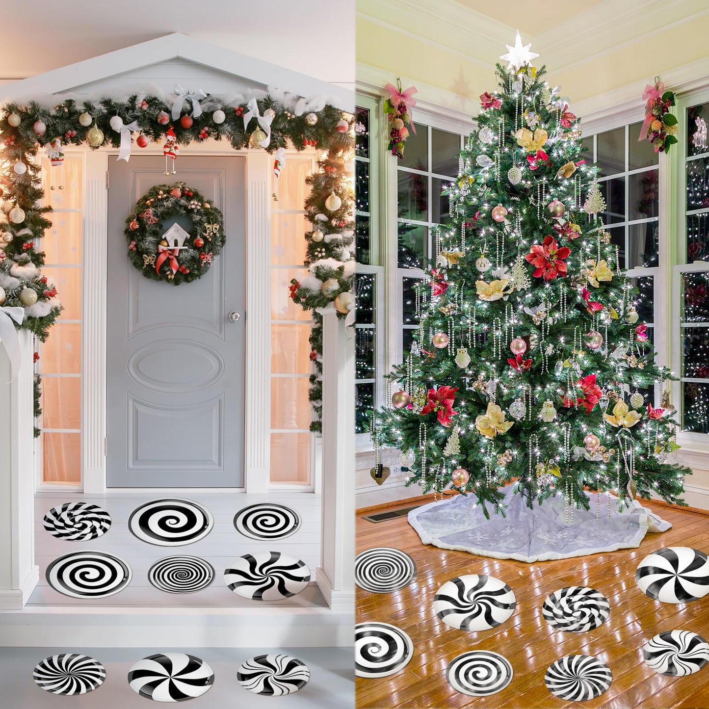 YooNotee 16 Pcs Large Peppermint Christmas Floor Decals Removable Pastel Candy Christmas Floor Stickers Xmas Wall Decals for Home Counters Party Decorations (Black and White,Classic)